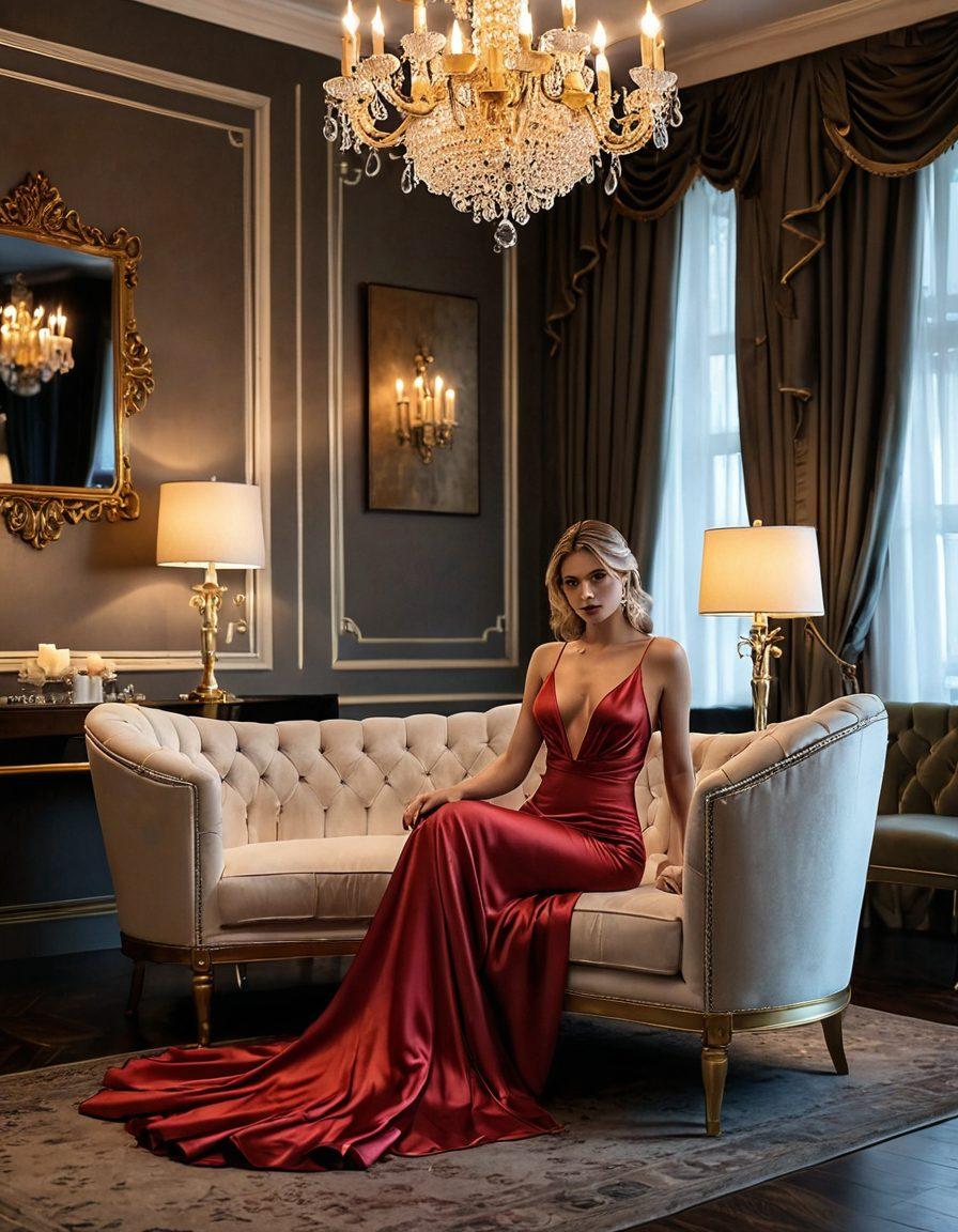 A captivating scene of elegant adult stars in a luxurious, chic setting, adorned with glamorous attire that exudes sophistication and allure. The atmosphere is intimate and inviting, featuring soft, ambient lighting that highlights their confident poses and expressions. Elegant decor elements such as plush furniture, candles, and subtle art pieces enhance the sensual yet classy vibe. Include hints of tasteful eroticism without explicit content, appealing to the art of desire. super-realistic. vibrant colors. soft focus.