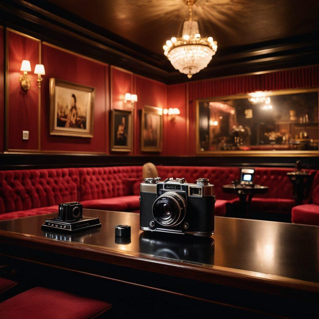 A glamorous, moody setting showcasing an elegantly designed film set with soft ambient lighting, featuring iconic high-end pornography elements like vintage cameras and luxurious props. In the backdrop, blurred silhouettes of renowned stars in suggestive poses add mystique and allure to the scene. Incorporate stylish decor and artistic touches to emphasize the glamorous world of adult entertainment. super-realistic. vibrant colors. cinematic atmosphere.